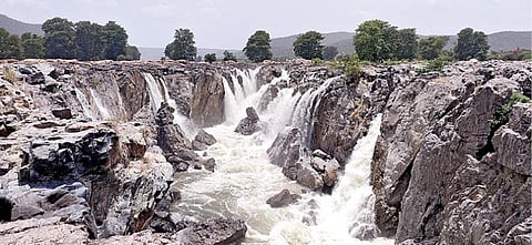 நீர்வரத்து அதிகரிப்பு காரணமாக ஒகேனக்கல் ஐவர் பாணி அருவி பகுதியில் சீறிப்பாயும் தண்ணீர்.