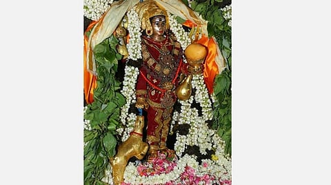 பிச்சாண்டவர் கோலத்தில் கையில் மாங்கனியுடன் சிவபெருமான்.