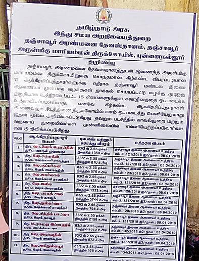 புன்னைநல்லூர் மாரியம்மன் கோயில் முன்பு ஆக்கிரமிப் பாளர்கள் தொடர்பாக வைக்கப்பட்டுள்ள விளம்பர பலகை.