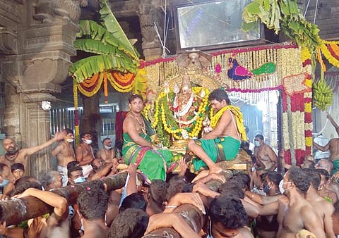 திருச்செந்தூர் செந்திலாண்டவர் கோயில் ஆவணித் திருவிழாவில் 8-ம் நாளான நேற்று கேடயச்சப்பரத்தில்  பச்சை சார்த்தி  எழுந்தருளி உள்பிரகாரத்தில் வலம் வந்த சுவாமி சண்முகர்.