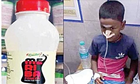 மருத்துவமனையில் சிகிச்சை பெற்று வரும் சிறுவன் லட்சுமண் சாய் மற்றும் அவன் குடித்த குளிர்பானம்.