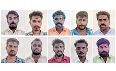 விவசாயி கொலை வழக்கில் ஆயுள் தண்டனை விதிக்கப்பட்ட பிரபு, தர்மராஜ், ஜம்புலிங்கம், வடிவேல், ராஜமாணிக்கம், மோகன்ராஜ், சங்கர், மோகன், சம்பத், மணிவேல் ஆகியோர்.