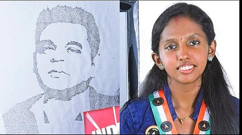 391 பாடல் வரிகளைக் கொண்டு வரையப்பட்ட ஏ.ஆர்.ரஹ்மானின் ஓவியம்: கேரளப் பெண் சாதனை