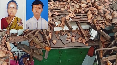 ஜெயங்கொண்டத்தில் இடிதாக்கியதில் ஒரு வீட்டின் நீர்த்தேக்க தொட்டியின் சுவர் இடிந்து விழுந்ததில் சேதமடைந்துள்ள ஆறுமுகத்தின் வீடு. | உள் படம்: உயிரிழந்த லட்சுமி மற்றும் அஜித்குமார்.
