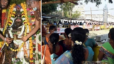 சந்தனம்படி களையப்பட்டு பக்தர்களுக்கு காட்சியளித்த மரகத நடராஜர் முதல்படம்), சந்தனம்படி களையப்பட்டு மரகத நடராஜரை தரிசிக்க  வரிசையில் காத்திருந்த பக்தர்கள் (அடுத்தபடம்) | படங்கள்: எல்.பாலச்சந்தர்