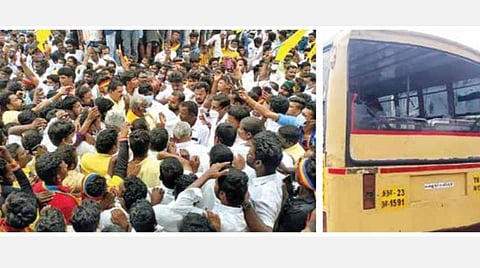 தி.மலை அடுத்த நாயுடுமங்கலத்தில் அக்னி கலசம் அகற்றப்பட்ட இடத்தில் வன்னியர் சங்கத் தலைவர் பு.தா.அருள்மொழி பார்வையிட்டார். அடுத்த படம்: சேதப்படுத்தப்பட்ட அரசு பேருந்து கண்ணாடி.