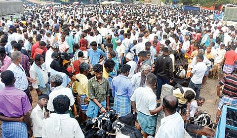 யுகாதி பண்டிகையையொட்டி குந்தாரப்பள்ளி சந்தையில் வழக்கத்தைவிட ஆடுகள் விற்பனை அதிகரித்து காணப்பட்டது.             படம்: எஸ்.கே.ரமேஷ்