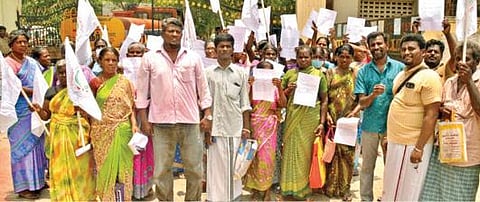 பொன்னாக்குடி சமத்துவபுரத்தில் குடியிருப்போர் கடந்த 25 ஆண்டுகளாக பட்டா வழங்கப்படவில்லை என்று திருநெல்வேலி மாவட்ட ஆட்சியர்  அலுவலகத்துக்கு மனு அளிக்க வந்தனர்.      படம்: மு.லெட்சுமி அருண்