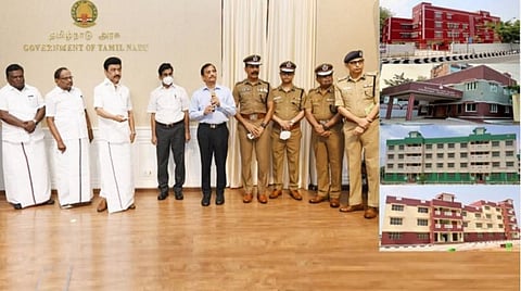 தமிழ்நாடுகாவல்துறை, சிறைத்துறை மற்றும் தீயணைப்புத்துறைக்கான புதிய கட்டிடங்களை முதல்வர் மு.க.ஸ்டாலின் திறந்துவைத்தார். உடன் அமைச்சர்கள் மற்றும் உயரதிகாரிகள்.