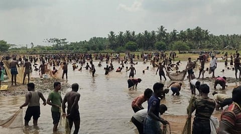 திண்டுக்கல் அருகே சமத்துவ மீன்பிடி திருவிழா: 20-க்கும் மேற்பட்ட கிராம மக்கள் பங்கேற்பு