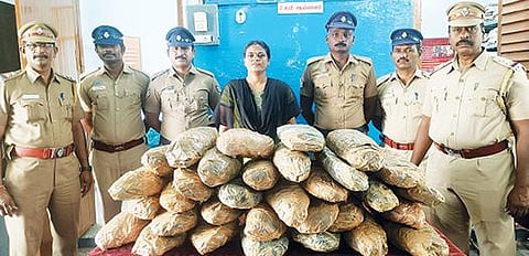 காட்பாடி ரயில் நிலையத்தில் காவல்துறையினர் சோதனை செய்தபோது, ரயிலில் கேட்பாரற்று கிடந்த 17 கிலோ கஞ்சா பாக்கெட்டுகளை பறிமுதல் செய்தனர். படம்: வி.எம்.மணிநாதன்.