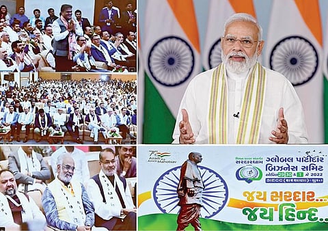 உலகளாவிய பட்டிதார் வணிக உச்சிமாடு குஜராத்தில் நேற்று நடந்தது. இதை பிரதமர் நரேந்திர மோடி, டெல்லியிலிருந்து காணொலி மூலம்  தொடங்கி வைத்து உரையாற்றினார். இதில் பட்டிதார் இனத்தைச் சேர்ந்த தொழிலதிபர்கள் கலந்து கொண்டனர்.  படம்: பிடிஐ