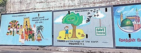 ராயபுரம் பாலத்தின் பக்கவாட்டுச் சுவரில் வரையப்பட்டுள்ள ஓவியங்கள்.