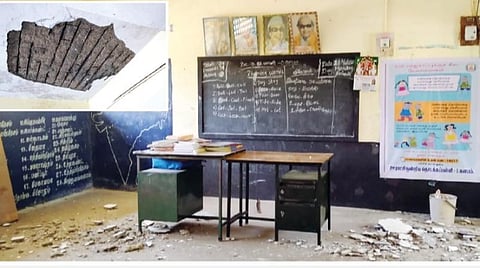 புதுக்கோட்டை மாவட்டம் கறம்பக்குடி வட்டம் எஸ்.களபம் அரசு தொடக்கப் பள்ளி வகுப்பறையில் நேற்று பெயர்ந்து விழுந்த சிமென்ட் பூச்சு. (உள்படம்) சேதமடைந்த மேற்கூரை.