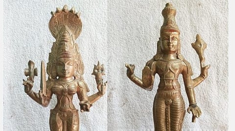 விருத்தாச்சலம் அருகே, மதுரை சிலைக்கடத்தல் தடுப்பு காவலர்களால் மீட்கப்பட்ட ஐம்பொன் சாமி சிலைகள்