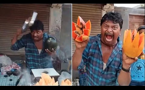 வித்தியாசமாக ‘கூவி’ பழம் விற்கும் வியாபாரி: இணையத்தில் வைரலாகும் வீடியோ