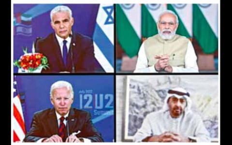 ஐ2யு2 மாநாட்டில் காணொலி வாயிலாக பங்கேற்ற இஸ்ரேல் பிரதமர் யாகிர் லாபிட், இந்திய பிரதமர் நரேந்திர மோடி, அமெரிக்க அதிபர் ஜோ பைடன், ஐக்கிய அரபு அமீரக அதிபர் முகமது.படம்: பிடிஐ