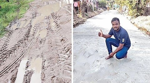 விழுப்புரம் மாவட்டம் வானூர் அருகே நல்லாவூர் கிராமத்தில் குண்டும் குழியுமாக உழுத நிலம்போல் மாறியிருந்த சாலை.  (அடுத்தபடம்) சொந்த செலவில்  சந்திரசேகரன் அமைத்த சாலை.