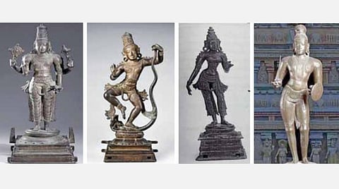இங்கிலாந்து - அமெரிக்க அருங்காட்சியகங்களில் கண்டுபிடிக்கப்பட்டுள்ள, கும்பகோணம் கோயிலில் 60 ஆண்டுகளுக்கு முன்பு திருடுபோன விஷ்ணு, காளிங்கனார்த்தன கிருஷ்ணன், தேவி,  திருமங்கை ஆழ்வார் சிலைகள்.