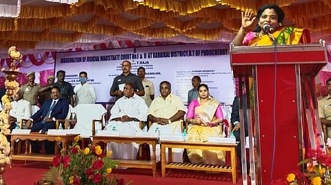 காரைக்காலில் நடைபெற்ற நீதிமன்றங்கள் திறப்பு விழாவில் பேசிய புதுச்சேரி துணை நிலை ஆளுநர் தமிழிசை சவுந்தரராஜன்.