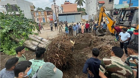 படவிளக்கம்: கோவை செல்வபுரத்தில் ஜேசிபி இயந்திரம் உதவியுடன் வேரோடு வெற்றிகரமாக அகற்றப்பட்ட அரசமரத்தை பார்வையிட்ட வனத்துறை பயிற்சி அதிகாரிகள்.