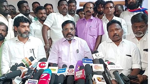 வேலூரில் செய்தியாளர்கள் சந்திப்பில் வி.சி.கட்சி தலைவர் தொல்.திருமாவளவன்