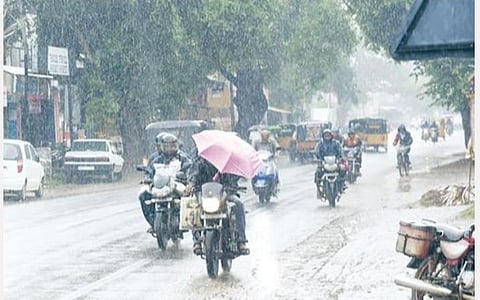வேலூரில் நேற்று காலை முதல் அவ்வப்போது விட்டு, விட்டு பெய்த மழையில் நனைந்துபடி வாகனம் ஓட்டிச்சென்ற மக்கள்.  படம்: வி.எம்.மணிநாதன்.