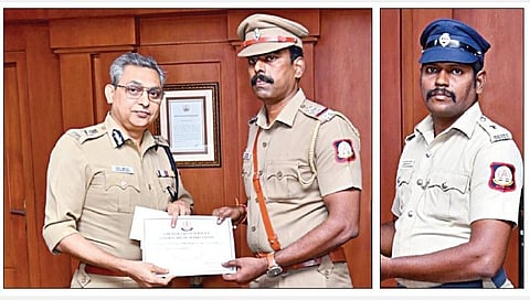 பாடி மேம்பாலம் அருகே விபத்தில் சிக்கி மயங்கி கிடந்தவரின் பையில் இருந்த ரூ.1.50 கோடி நகைகளை பத்திரமாக மீட்டு ஒப்படைத்த காவல் ஆய்வாளர் சிவானந்த், முதல்நிலைக் காவலர் தீபன் சக்கரவர்த்தி ஆகியோரை காவல் ஆணையர் சங்கர் ஜிவால் நேற்று நேரில் அழைத்து பாராட்டி சான்றிதழ் வழங்கினார்.