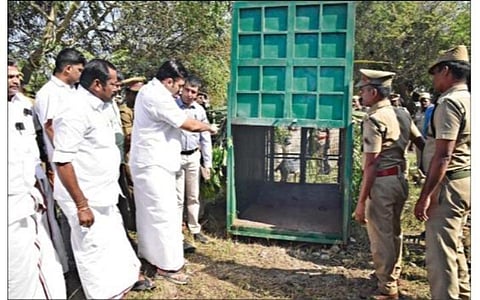 பரமத்திவேலூர் அருகே இருக்கூர் கிராமத்தில் சுற்றித் திரியும் சிறுத்தையை கூண்டு வைத்துப் பிடிக்க வனத்துறையினர் மேற்கொண்டுள்ள பணியை வனத்துறை அமைச்சர் மா.மதிவேந்தன் நேற்று ஆய்வு செய்தார்.