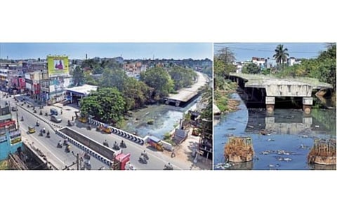 புதுச்சேரியில் காமராஜர் சாலை - மறைமலையடிகள் சாலைகளை இணைக்கும் வகையில்  உப்பனாறு மீது  பாலம் கட்டும் பணி முடிவடையாமல் கிடப்பில் போடப்பட்டுள்ளது. படங்கள்: எம்.சாம்ராஜ்.