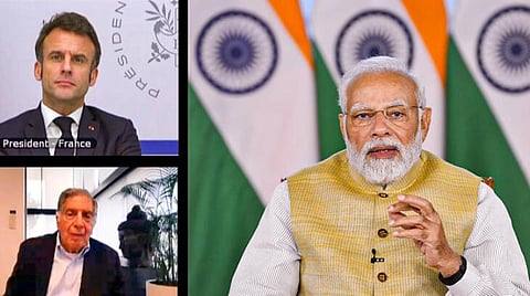 ஏர்பஸ் விமானங்கள் வாங்குவதற்காக, ஏர்இந்தியா நிறுவனம் ஒப்பந்தம் செய்துகொண்ட நிகழ்ச்சியில் காணொலி வாயிலாக  பங்கேற்ற பிரதமர் மோடி, பிரான்ஸ் அதிபர் இமானுவேல் மேக்ரான்.