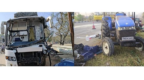 காவேரிப்பட்டணம் அருகே டிராக்டர் மீது தனியார் பேருந்து மோதி விபத்து: 3 மாத குழந்தை உள்பட 5 பேர் பலி