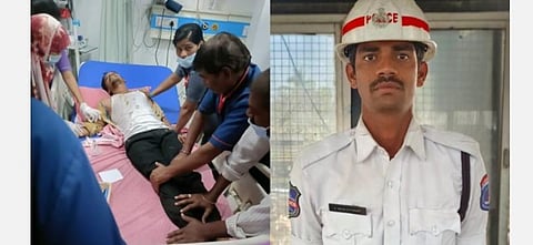 மாரடைப்பு வந்த இளைஞருக்கு சிபிஆர் முறை யில் சிகிச்சை அளிக்கும் போக்குவரத்து காவலர் ராஜசேகர்.