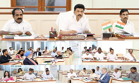 தலைமைச் செயலகத்தில் காலநிலை மாற்ற நிர்வாக குழுவின் முதல் கூட்டம் முதல்வர் ஸ்டாலின் தலைமையில் நேற்று நடந்தது. உடன் சுற்றுச்சூழல் துறை அமைச்சர் மெய்யநாதன், தலைமைச் செயலர் இறையன்பு.
