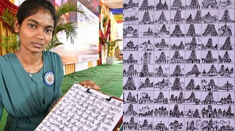 மாணவி யமுனா தான் வரைந்த ஓவியத்துடன்..