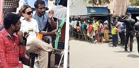 திருவண்ணாமலை வட்டாட்சியர் அலுவலக வளாகத்தில் நடைபெற்ற படப்பிடிப்பில் அமர்ந்திருந்த ஐஸ்வர்யா ரஜினிகாந்த்.