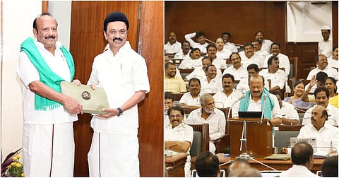 சட்டப்பேரவையில் வேளாண் பட்ஜெட் தாக்கல் செய்வதற்கு முன்பு, சென்னை தலைமைச் செயலகத்தில் முதல்வர் ஸ்டாலினிடம் வாழ்த்து பெற்ற வேளாண்மை மற்றும் உழவர் நலத் துறை அமைச்சர் எம்ஆர்கே பன்னீர்செல்வம்.
