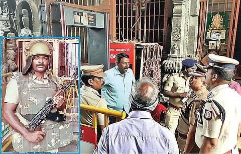 திருவண்ணாமலை அண்ணாமலையார் கோயிலில் உள்ள அம்மணி அம்மன் கோபுரம் வழியாக வருபவர்களை சோதனையிட வைக்கப்பட்டுள்ள டோர் பிரேம் மெட்டல் டிடெக்டர் கருவியின் செயல்பாடுகளை ஆய்வு செய்த ஏடிஜிபி சங்கர் (கோப்புப்படம்). உள்படம்: அண்ணாமலையார் கோயிலில் துப்பாக்கி ஏந்திய காவலர் பாதுகாப்பு பணியில் ஈடுபட்டுள்ளார்.