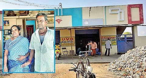 கீழ்பென்னாத்தூரில் முகமூடி கொள்ளையர்களால் நகை, பணம் கொள்ளையடிக்கப்பட்ட வீடு. உள்படம் : படுகாயமடைந்த பிருந்தா, வெங்கடாஜலபதி.