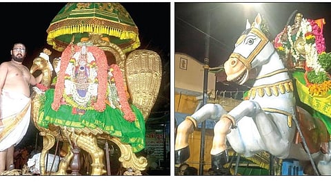 திருப்பரங்குன்றம் சுப்பிரமணிய சுவாமி கோயிலில் சூரசம்ஹார லீலையையொட்டி கவுதா சப்பரத்தில் தங்க மயில் வாகனத்தில் வீதி உலா வந்த சுப்பிரமணிய சுவாமி. (அடுத்த படம்) குதிரை வாகனத்தில் வீதி உலா வந்த
வீரபாகுத் தேவர்.