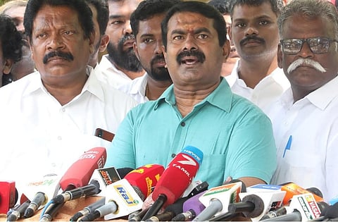 சென்னையில் செய்தியாளர்களிடம் பேசும் சீமான்