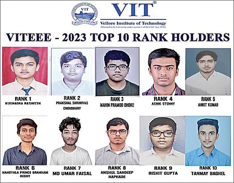 விஐடி பல்கலைக்கழகத்தின் பி.டெக் பொறியியல் படிப்புக்கான நுழைவுத் தேர்வில் முதல் பத்து இடங்களை பிடித்த மாணவர்கள்.