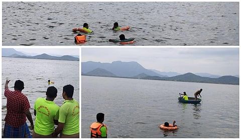 மேட்டூர் பண்ணவாடி காவிரி ஆற்றில் மூழ்கிய தொழிலாளியை தேடும் பணியில் ஈடுபட்ட  தீயணைப்பு துறையினர்