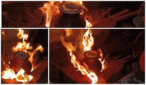 தேவகோட்டை அருகே இறகுசேரி கிராமத்தில் மயானத்தில் மண் பானையில் வைக்கப்பட்ட பொங்கல்