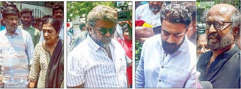 உடல்நலக்குறைவால் மரணமடைந்த சரத்பாபுவின் உடலுக்கு நடிகர்கள் ரஜினிகாந்த், பாக்யராஜ் - பூர்ணிமா, பார்த்திபன், சூர்யா, கார்த்தி, ஒய்.ஜி.மகேந்திரன், இயக்குநர் சுரேஷ்கிருஷ்ணா உள்ளிட்டோர் தி.நகரில் உள்ள அவரது இல்லத்தில் அஞ்சலி செலுத்தினர். படங்கள்: பு.க.பிரவீன்﻿