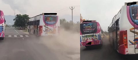 மேட்டூர் - மேச்சேரி சாலையில் அதிவேகமாக போட்டி போட்டுக் கொண்டு சென்ற தனியார் பேருந்துகள்.﻿﻿