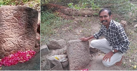 திருப்பாச்சேத்தியில் கண்டறியப்பட்ட வாமனச் சின்னம் பொறித்த நிலத் தானக்கல்லுடன் காளிராசா.