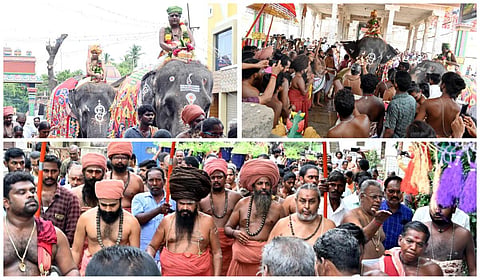 திருப்பனந்தாள் அருணஜடேஸ்வர கோயில் மகா கும்பாபிஷேகத்தையொட்டி மண்ணியாற்றிலிருந்து புனித நீர் ஊர்வலம் நடைபெற்றது
