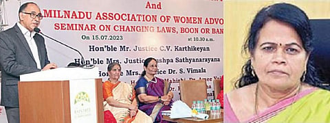 சென்னையில் நடந்த சட்ட விழிப்புணர்வு கருத்தரங்கில் சென்னை உயர் நீதிமன்ற நீதிபதி சி.வி.கார்த்திகேயன் சிறப்பு விருந்தினராக பங்கேற்று பேசினார். அருகில் தேசிய பசுமை தீர்ப்பாய தலைவர் ஓய்வு பெற்ற நீதிபதி புஷ்பா சத்ய நாராயணா, தமிழ்நாடு பெண் வழக்கறிஞர்கள் சங்கத் தலைவர் கே.சாந்தகுமாரி உள்ளிட்டோர் உள்ளனர். (அடுத்தப் படம்) உயர் நீதிமன்ற முன்னாள் நீதிபதி எஸ்.விமலா.