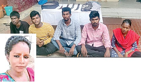 சைதை ரயில் நிலையத்தில் நடந்த கொலை சம்பவத்தில் கைதானவர்கள் . (உள்படம் ) கொலையான ராஜேஸ்வரி.